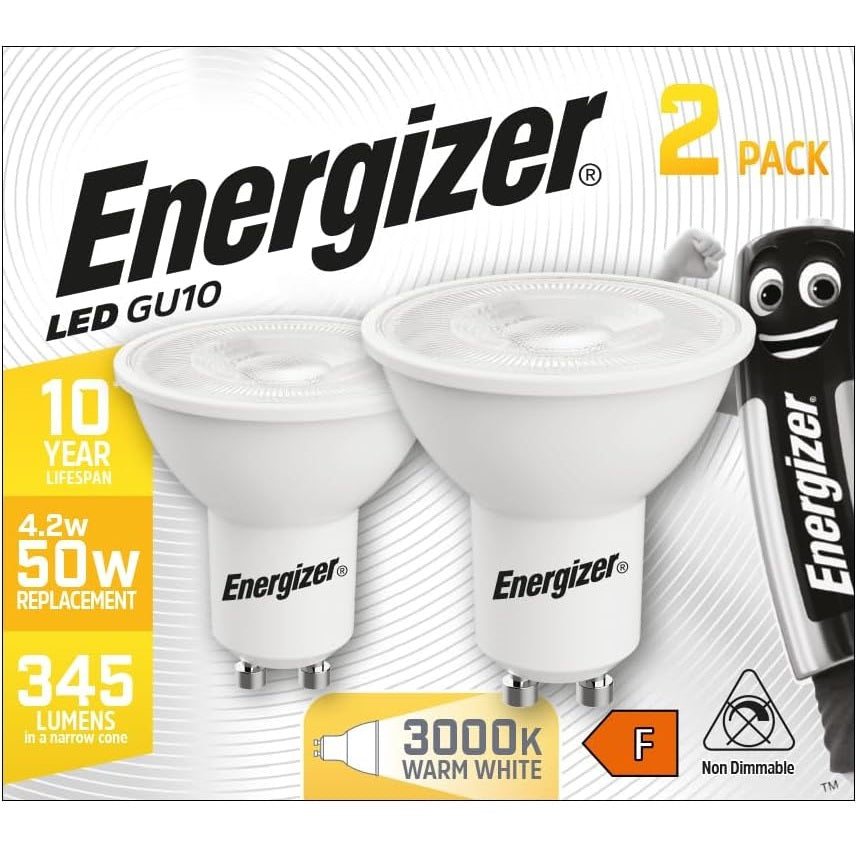 Energizer GU10 Non-Dimmable LED Bulbs Warm White Pack of 2 S16705 | 4.2W | 3000K | 345 Lumens