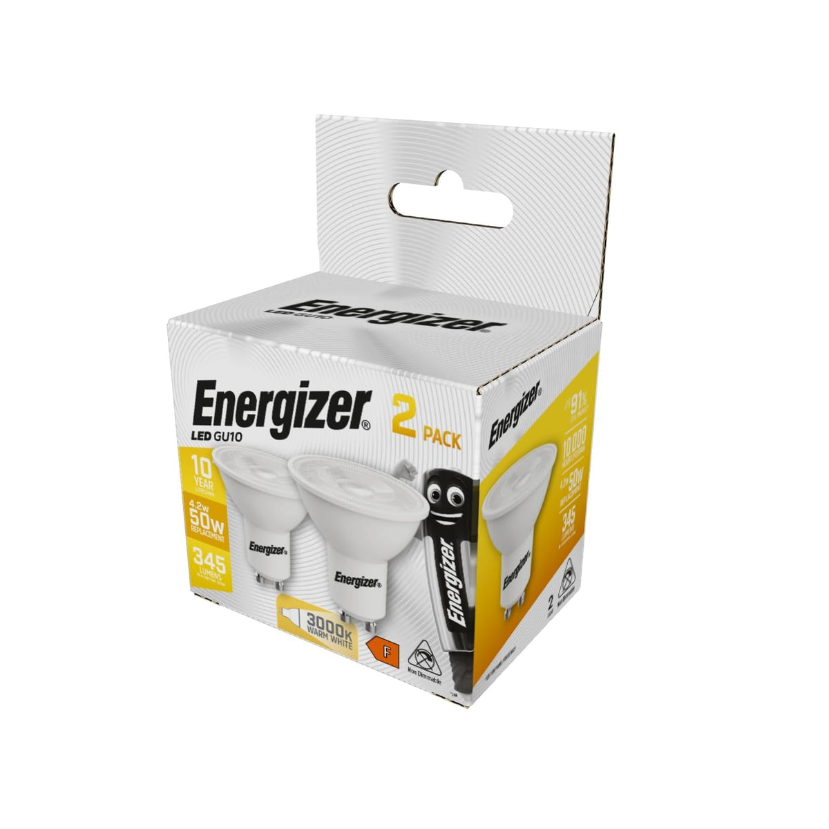 Energizer GU10 Non-Dimmable LED Bulbs Warm White Pack of 2 S16705 | 4.2W | 3000K | 345 Lumens