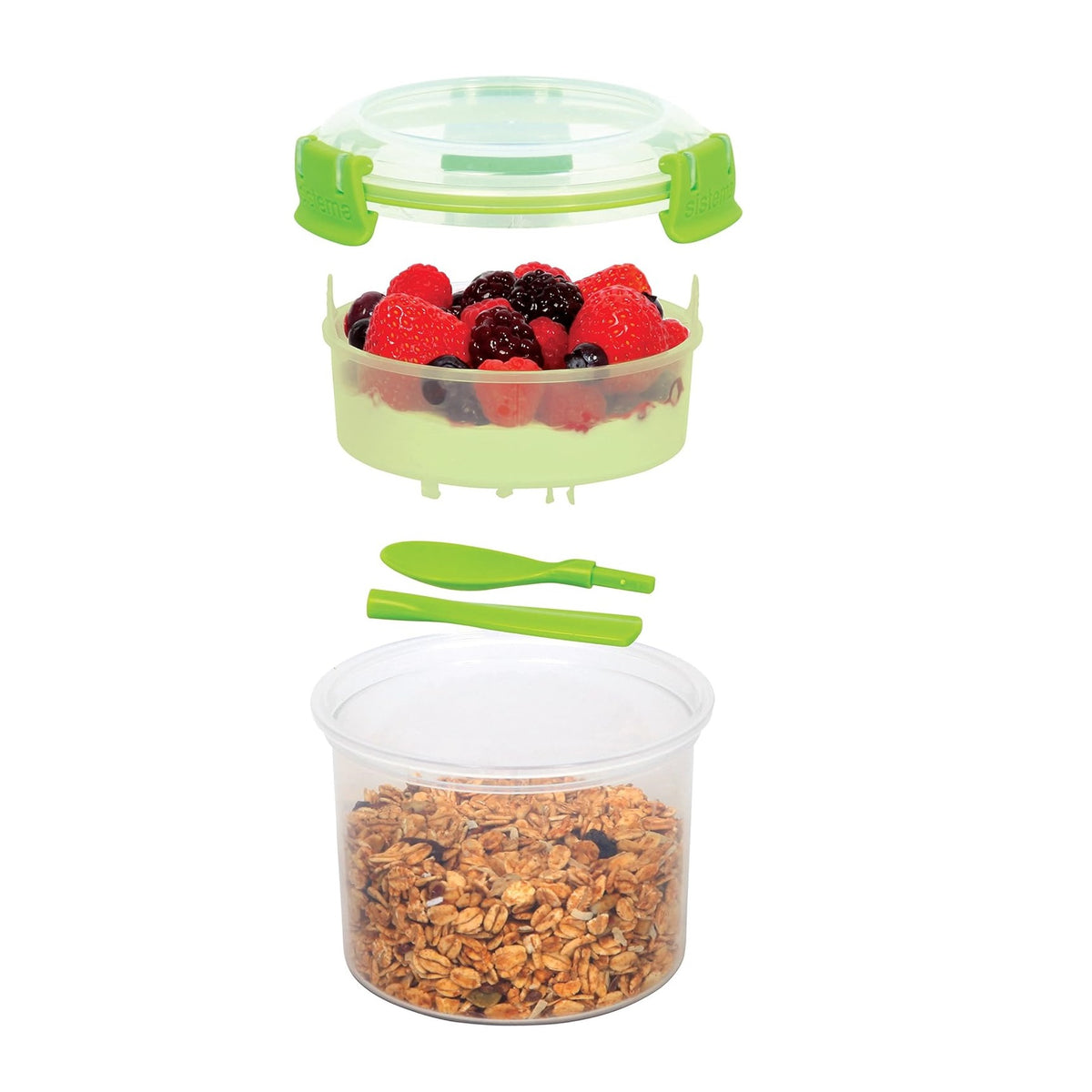 Sistema Klip It Colour Accents Breakfast To Go Container Green 530ml 11.4cm x 11.2cm x 9.4cm 21355 | BPA-Free Food Storage | Airtight Clip-Lock Lid | Ideal for Cereal-Yogurt and Snacks