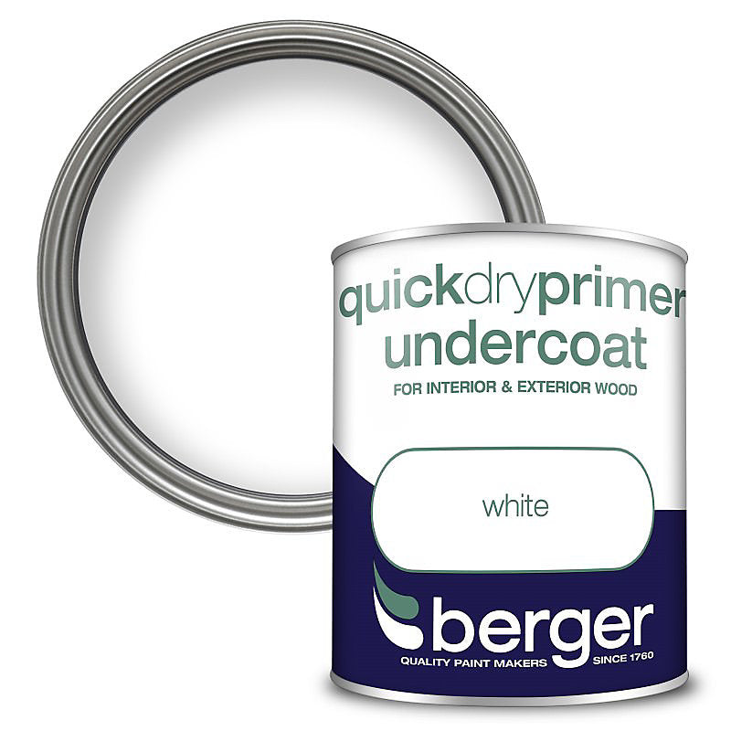 Berger Quick Dry Primer Undercoat Paint White 750ml 271449 | For Interior and Exterior Wood