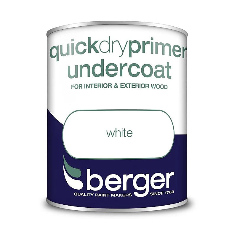 Berger Quick Dry Primer Undercoat Paint White 750ml 271449 | For Interior and Exterior Wood