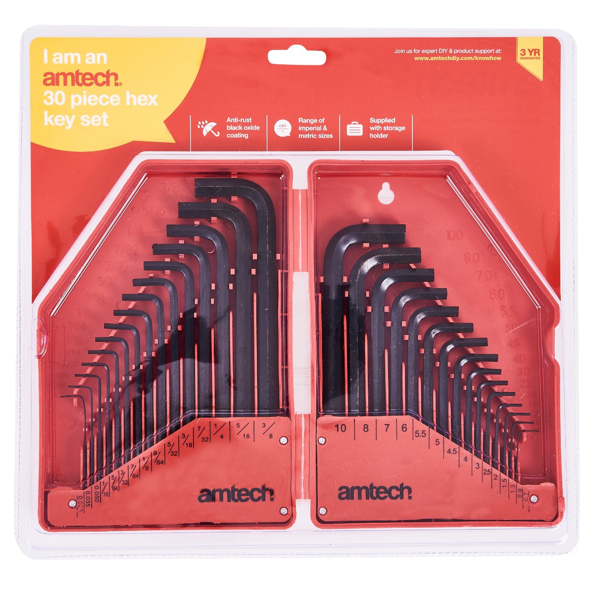 Amtech Assorted Hexagon Key Set Metallic Black Pack of 30 I8825 | Anti-Rust Black Oxide Coating | Range of Imperial and Metric Sizes | Supplied with Storage Holder