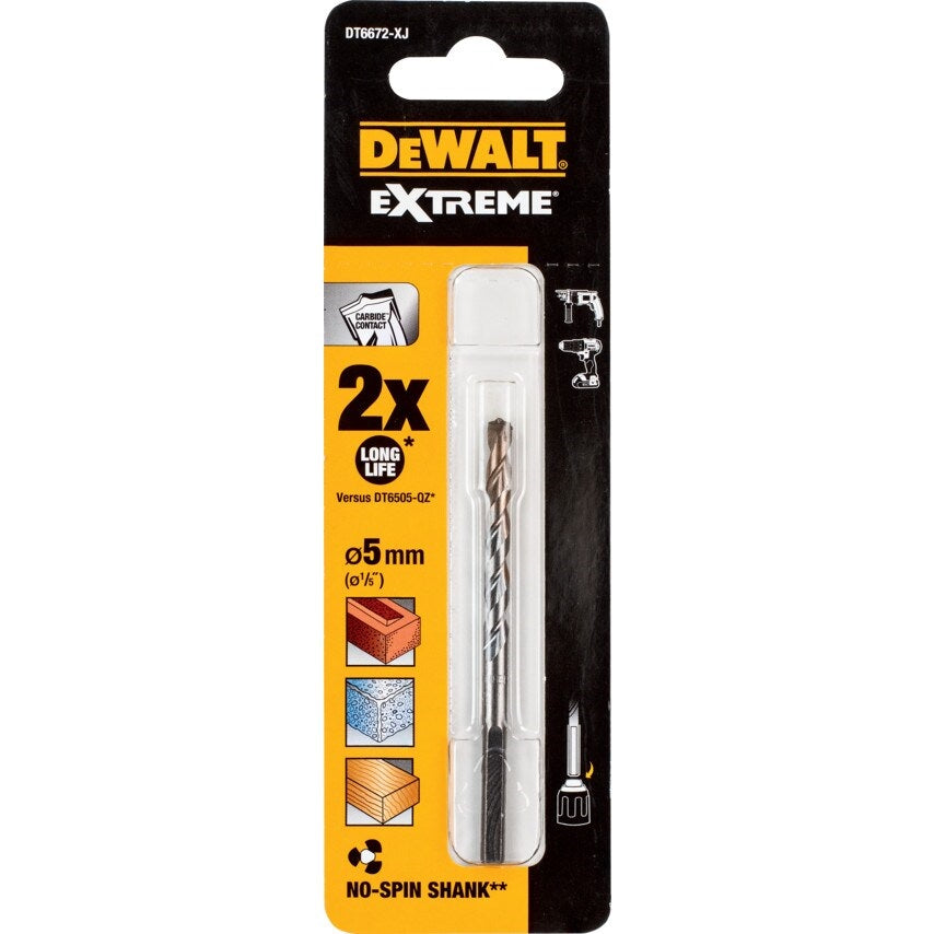 Dewalt Extreme Masonry Drill Bit Silver 5mm x 85mm DT6672-XJ | No Spin Shank