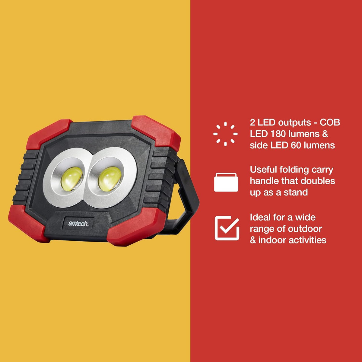 Amtech Mini COB Worklight with Side LED Red and Black 3W S8144 | 2 LED Outputs-COB LED 180 Lumens and Side  LED 60 Lumens | Useful Folding Carry Handle that Doubles up as a Stand | Ideal for Wide Range of Outdoor and Indoor Activities