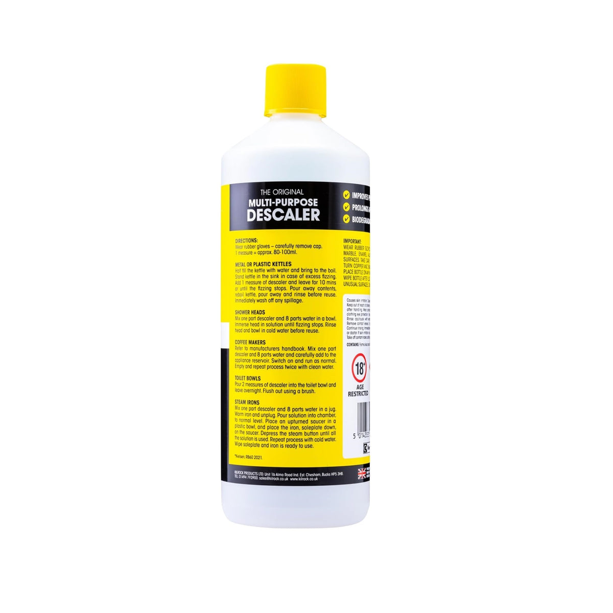 Kilrock Original Multi-Purpose Descaler Multicoloured 1Ltr | Powerful Limescale Remover for Kettles-Irons-Coffee Machines and Toilets