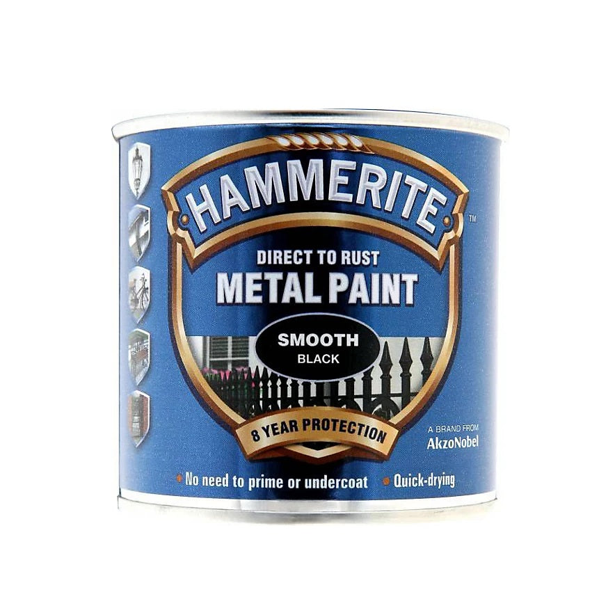 Hammerite Direct to Rust Metal Paint Smooth Black 250ml 5084863 | Quick-Drying and No Primer Needed