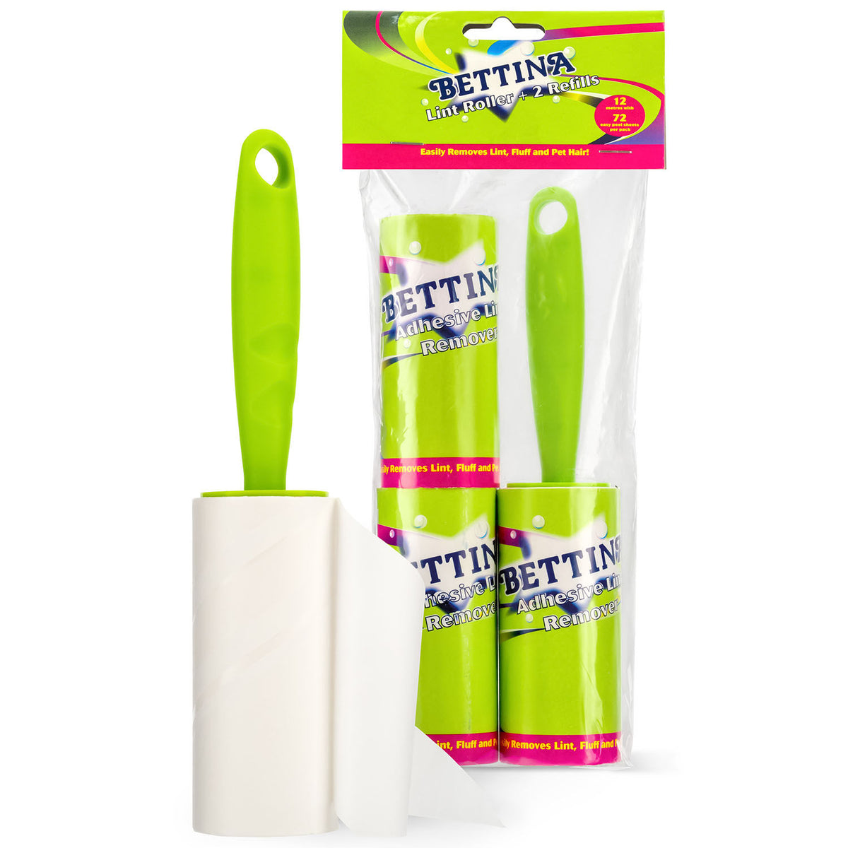 Bettina Adhesive Lint Roller with 2 Refills Green | 72 Easy Peel Sheets | Removes Lint-Fluff and Pet Hair | Strong Adhesive for Clothes and Furniture