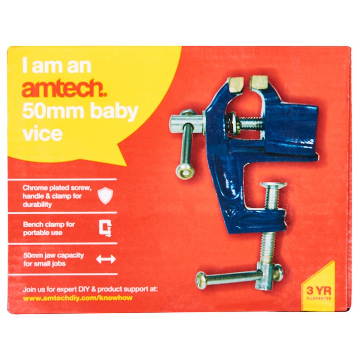 Amtech Heavy Duty Cast Iron Baby Vice Silver and Blue 50mm D3100 | Chrome Plated Screw Handle and Clamp for Durability | Bench Clamp for Portable Use | 50mm Jaw Capacity for Small Jobs