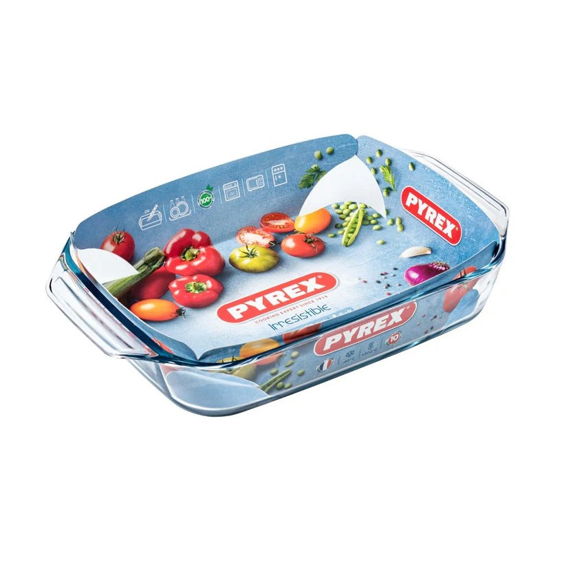Pyrex Irresistible Rectangular Glass Roasting Dish Clear 28cm x 17cm 1.4Ltr 406B000 | Heat-Resistant Bakeware with Handles | Scratch resistant