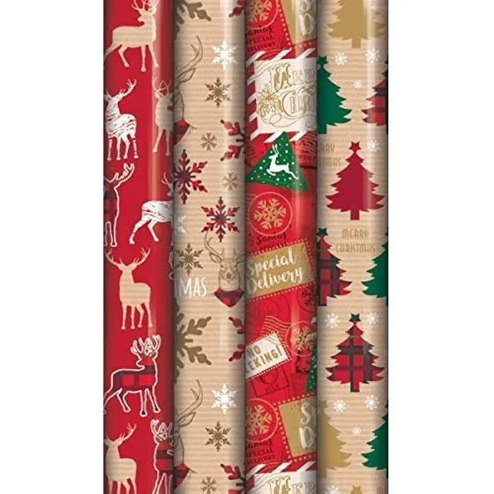 Eurowrap Traditional Christmas Wrapping Paper Roll Assorted Colour 8Mtr Pack of 1 X29595GWC | Festive Kraft and Holiday Gift Wrap