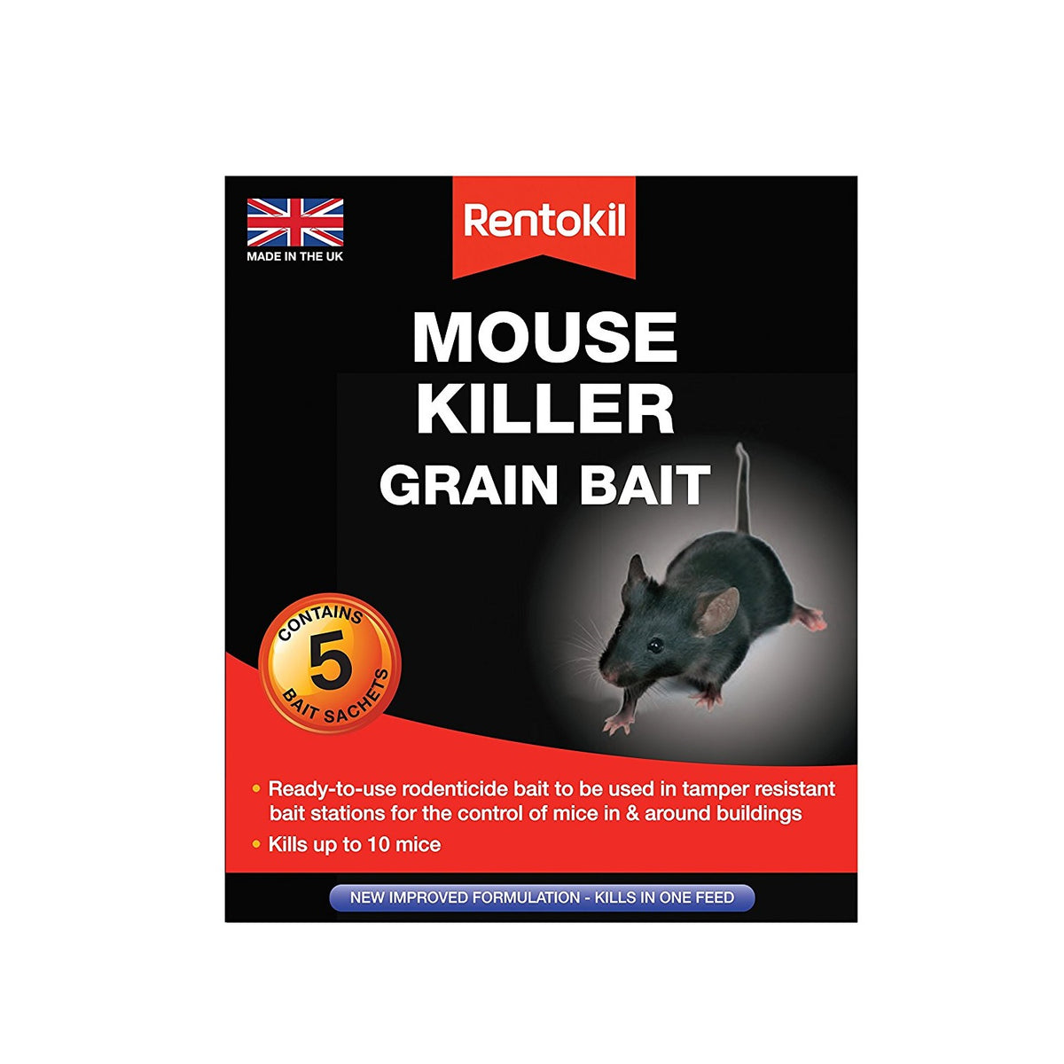 Rentokil Ready To Use Mouse Killer Grain Bait Sachets Multicolour 50g Pack of 5 PSM21 | Fast-Acting Rodenticide | Kills Up to 10 Mice | Kills in One Feed