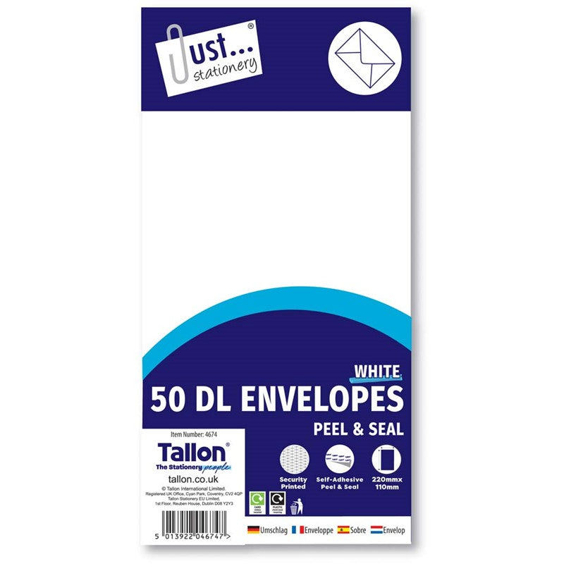 Tallon Just Stationery DL Envelopes White 220mm x 110mm Pack of 50 4674 | Peel and Seal Self-Adhesive