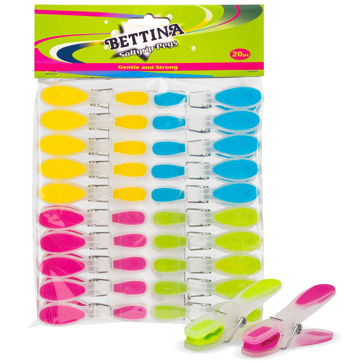 Arix Bettina Multi-Purpose Softgrip Pegs Multicoloured Pack of 20 B434 | Non-Slip Laundry Clothes Pegs