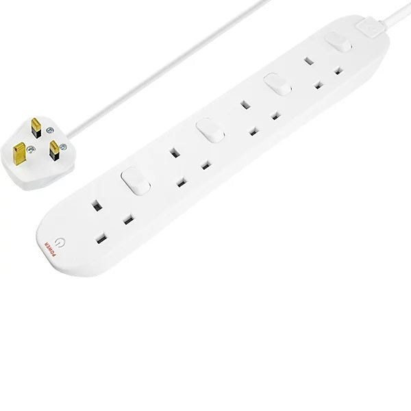 Masterplug 4-Socket Switched Extension Lead White 2Mtr SWC4210N | 13A Fuse | Individual Power Control