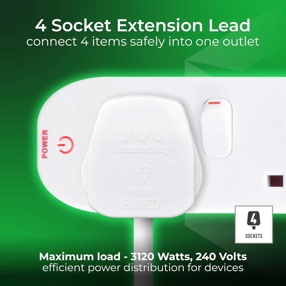 Masterplug 4-Socket Switched Extension Lead White 2Mtr SWC4210N | 13A Fuse | Individual Power Control