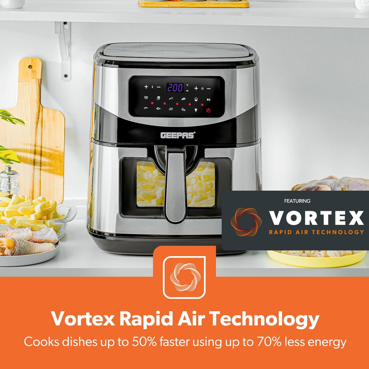 Geepas Digital Air Fryer Black and Grey 9.2Ltr GAF37524UK | Vortex Air Frying Technology | Cooks Fast | Oil Free | 9 Preset Cooking Modes | Touch Screen | Baking | Grilling | Air Frying | Roasting | Upto Less 80% Fat