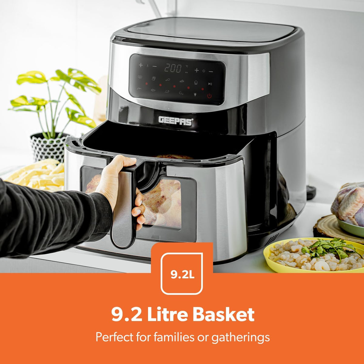 Geepas Digital Air Fryer Black and Grey 9.2Ltr GAF37524UK | Vortex Air Frying Technology | Cooks Fast | Oil Free | 9 Preset Cooking Modes | Touch Screen | Baking | Grilling | Air Frying | Roasting | Upto Less 80% Fat
