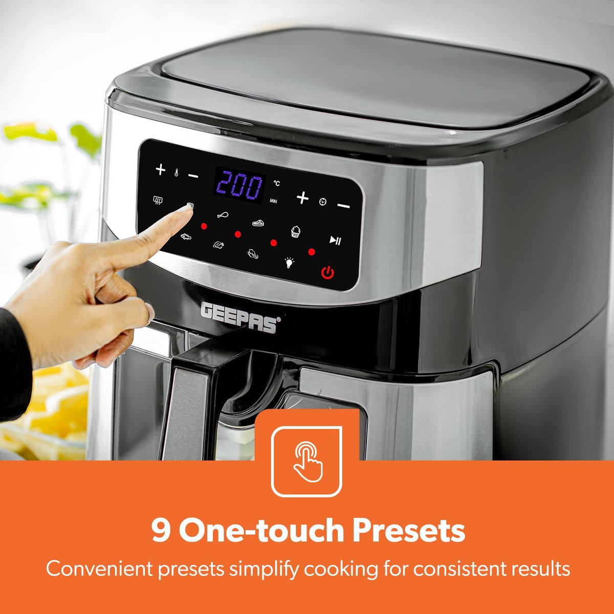 Geepas Digital Air Fryer Black and Grey 9.2Ltr GAF37524UK | Vortex Air Frying Technology | Cooks Fast | Oil Free | 9 Preset Cooking Modes | Touch Screen | Baking | Grilling | Air Frying | Roasting | Upto Less 80% Fat