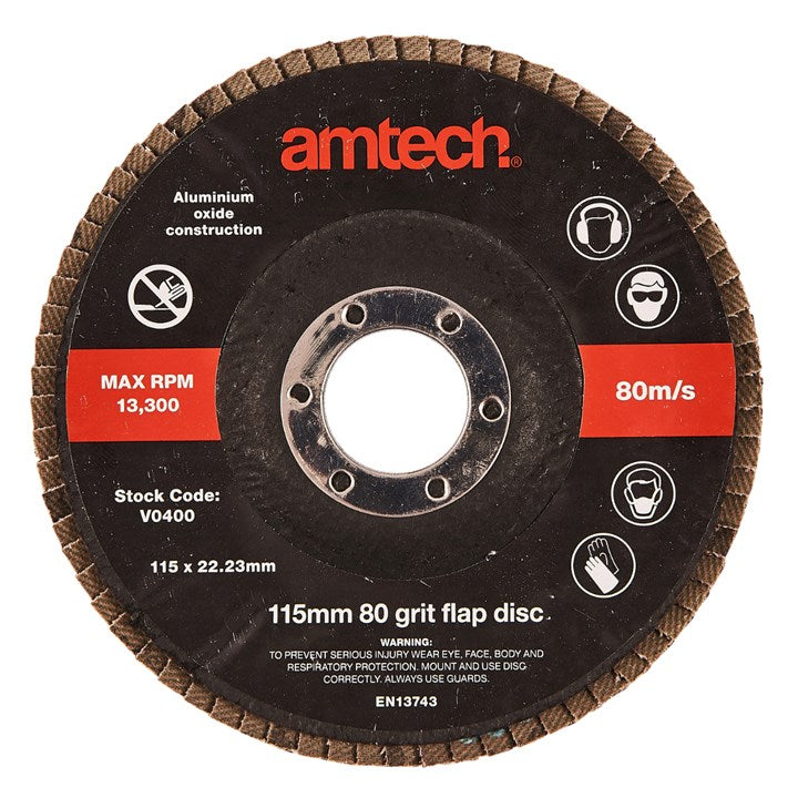 Amtech 80 Grit Flap Disc Brown 115mm x 22.23mm V0400