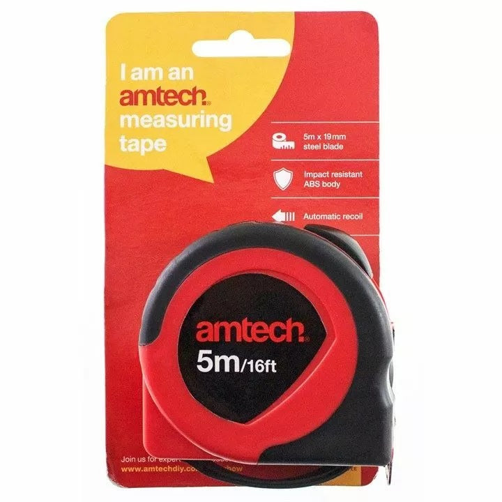 Amtech Measuring Tape Red and Black 5Mtr P1225 | 5Mtr x 19mm Steel Blade | Impact Resistant ABS Body | Automatic Recoil