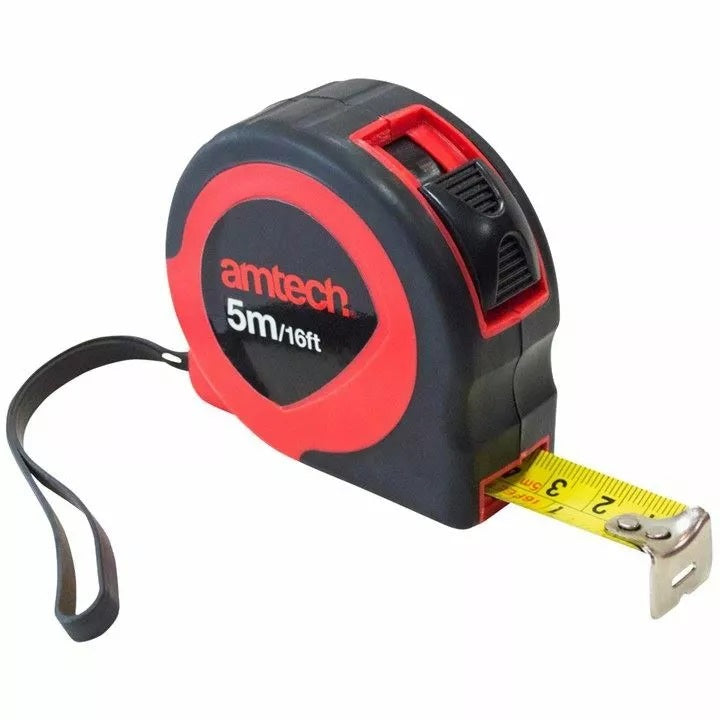 Amtech Measuring Tape Red and Black 5Mtr P1225 | 5Mtr x 19mm Steel Blade | Impact Resistant ABS Body | Automatic Recoil