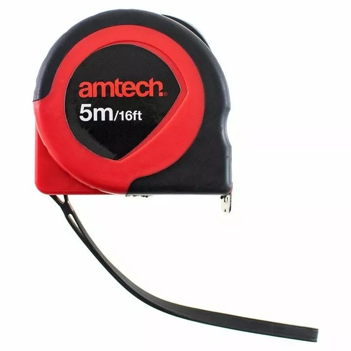 Amtech Measuring Tape Red and Black 5Mtr P1225 | 5Mtr x 19mm Steel Blade | Impact Resistant ABS Body | Automatic Recoil