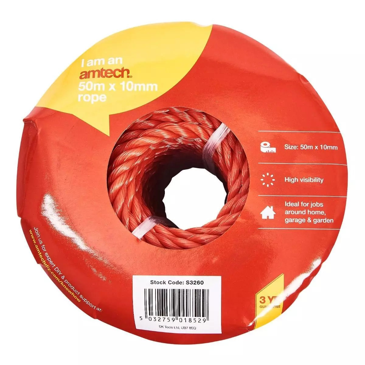 Amtech Strong Polypropylene Rope Red 50Mtr x 10mm S3260 | High Visibility | Ideal for Job Around Home Garden and Garage