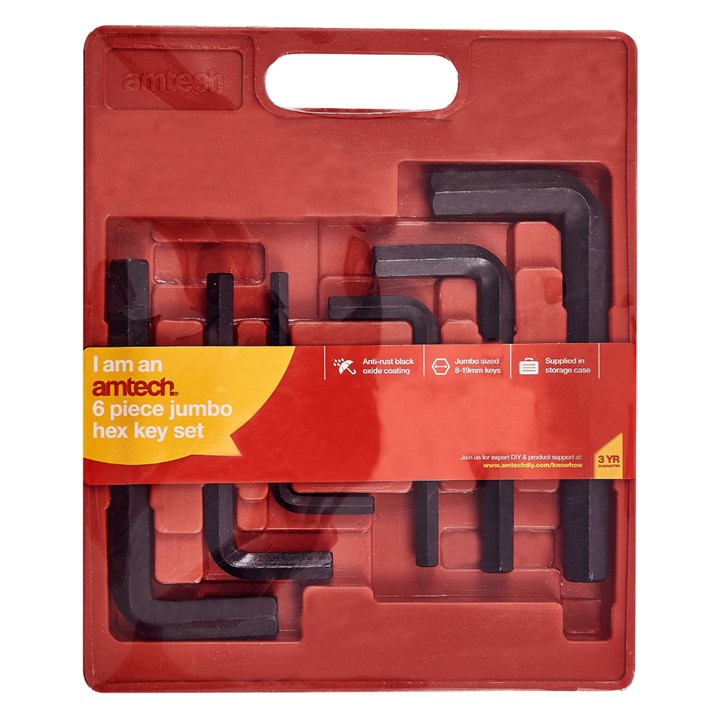 Amtech Jumbo Hex Key Set Black Pack of 6 I9040 | Anti Rust Black Oxide Coating | Jumbo Sized 8-19mm Keys | Supplied in Storage Case