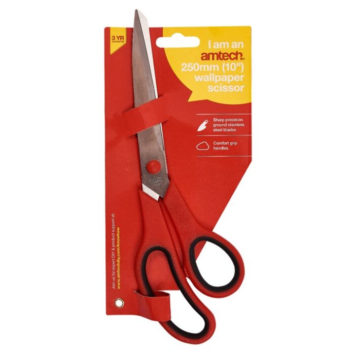 Amtech Wallpaper Scissor Red 10-Inch R0125 | Sharp Precision Ground Stainless Steel Blades | Comfort Grip Handles