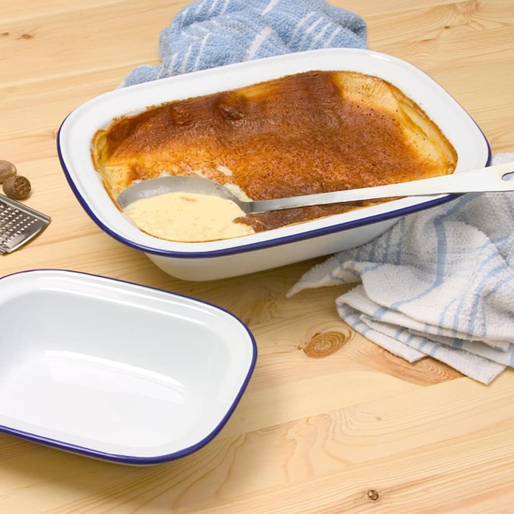 Falcon Enamel Steel Oblong Pie Dish With Blue Rim Design White 20cm x 15cm x 4.5cm 44020 | Oven and Freezer Safe Bakeware