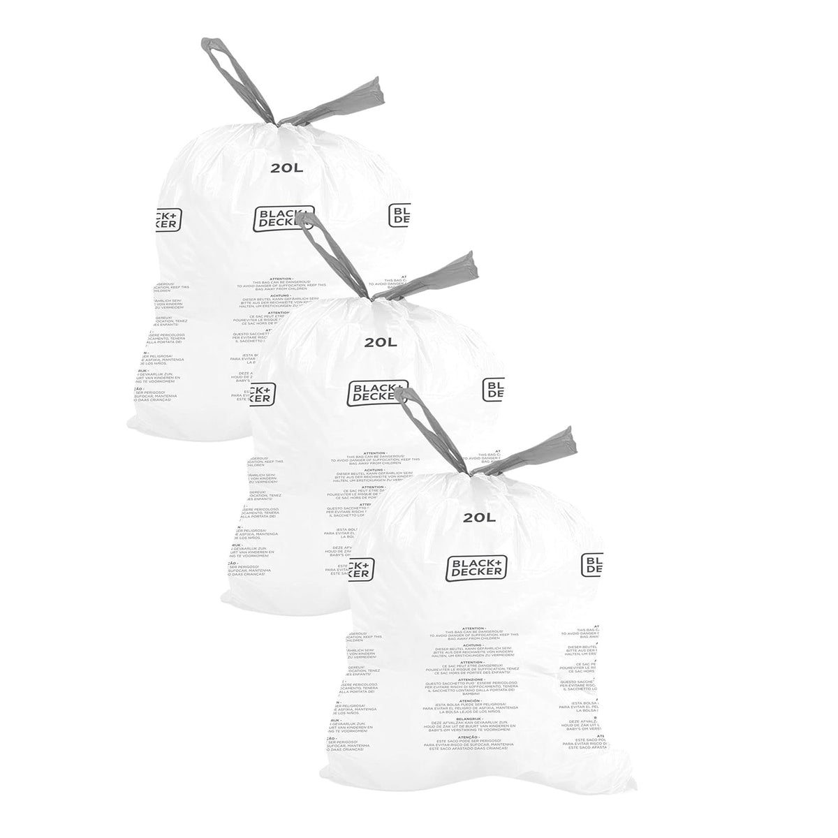 Black+Decker Drawstring Bin Liners White 20Ltr Pack of 20 BXBB00020E | Strong and Durable Trash Bags | Easy-Tie Drawstring Closure | Fits Most Bin Shapes | Tear-Resistant Garbage Bags for Home and Office