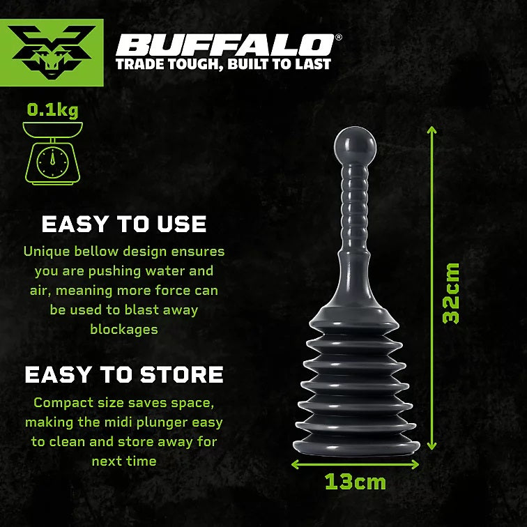 Buffalo Heavy Duty Midi Sink and Toilet Plunger with Strong Suction Black 13cm x 32cm 1018-5 | Compact and Easy to Store