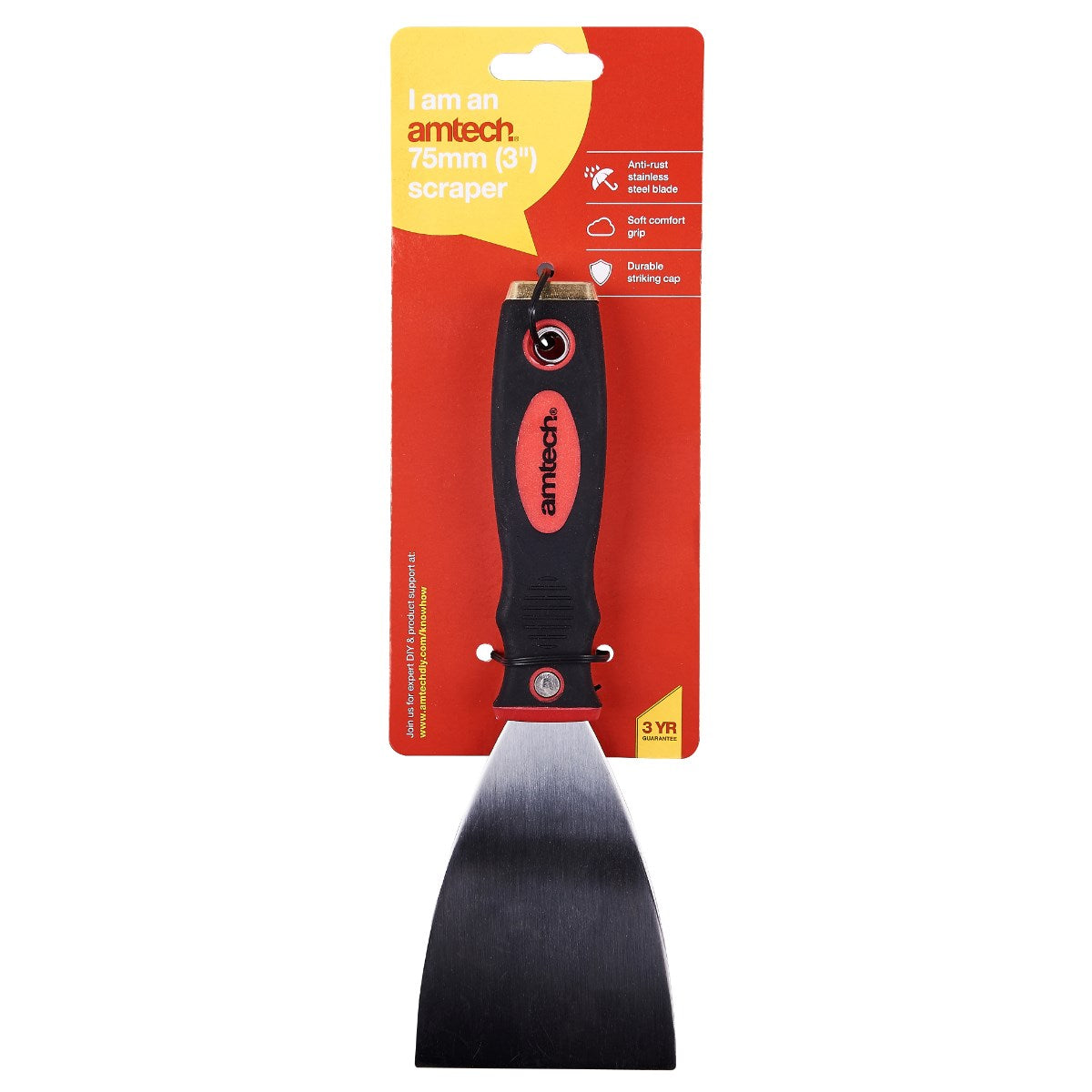 Amtech Stainless Steel Scraper With Soft Grip Handle Red and Black 75mm G0670 | Anti-Rust Blade | Durable Striking Cap