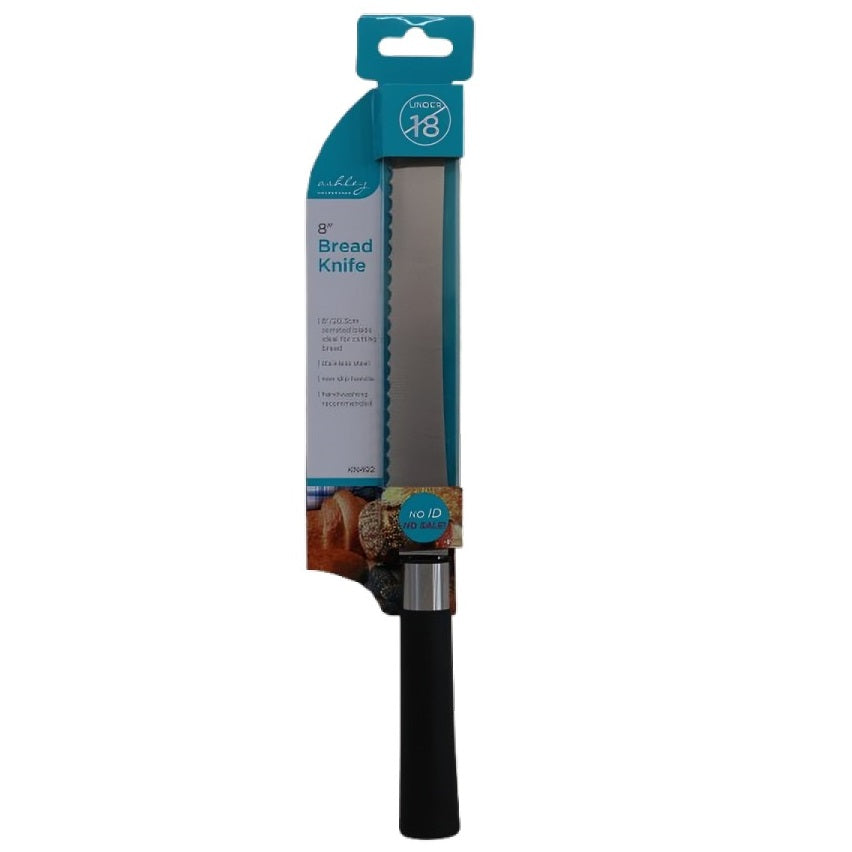 Ashley Stainless Steel Bread Knife Black and Silver 8-Inch KN492 | Serrated Blade Ideal for Cutting Bread | Non Slip Handle