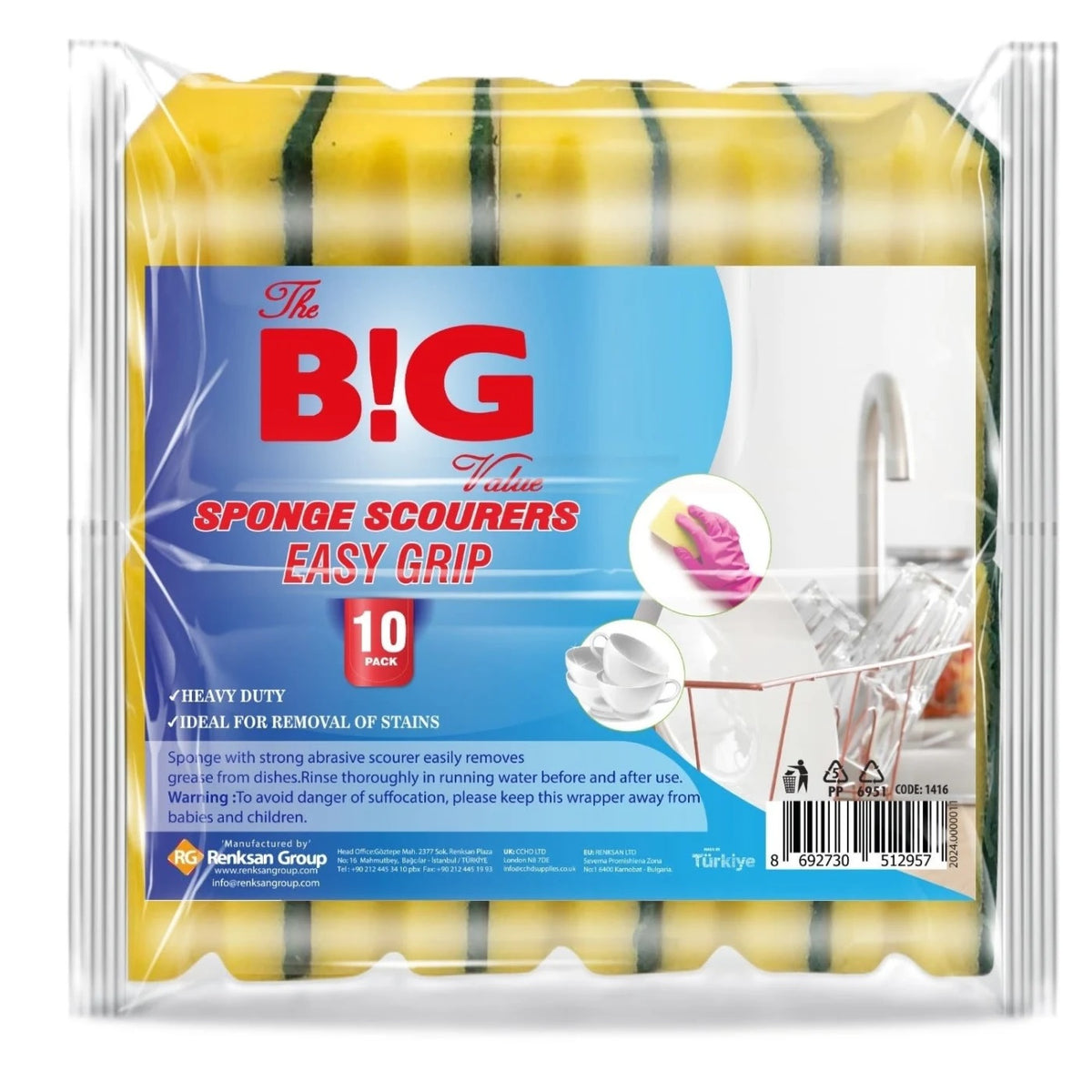 BIG Value Easy Grip Sponge Scourers Yellow and Green Pack of 10 HOBIG006 | Heavy-Duty Scrubbing Sponges | Dual-Layer Design for Tough Stains | Kitchen and Dish Cleaning | Ideal for Removal of Stains | With Strong Abrasive Scourer
