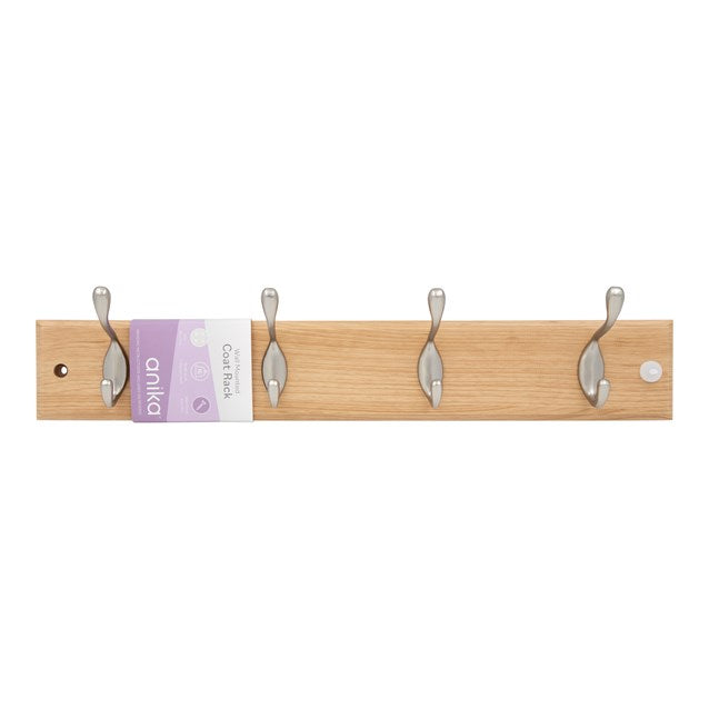 Anika 4 Metal Hooks Wall Mounted Wooden Coat Rack Oak 45cm x 7cm 65909 | Wall Fixings Included | Holds Up to 2.5Kg