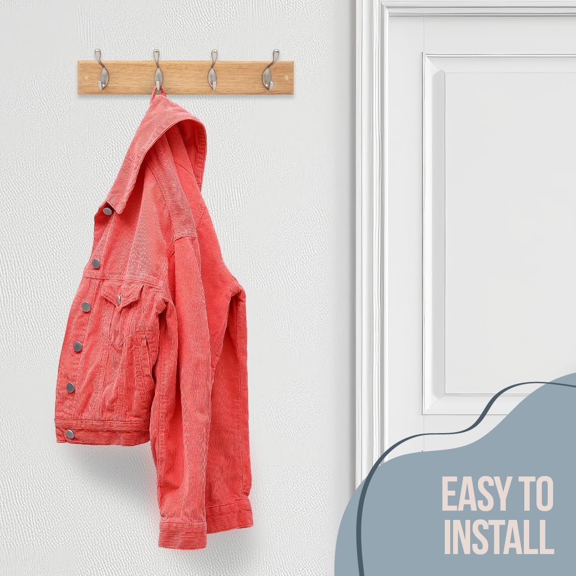 Anika 4 Metal Hooks Wall Mounted Wooden Coat Rack Oak 45cm x 7cm 65909 | Wall Fixings Included | Holds Up to 2.5Kg