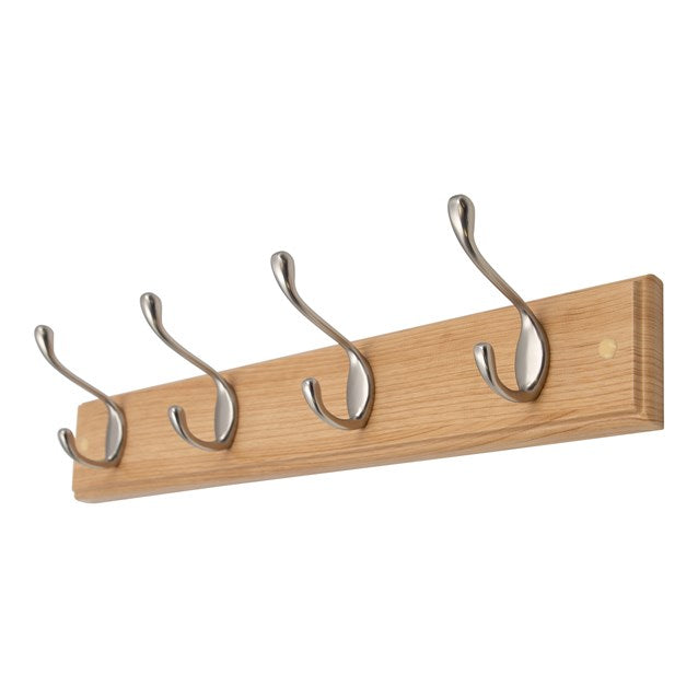 Anika 4 Metal Hooks Wall Mounted Wooden Coat Rack Oak 45cm x 7cm 65909 | Wall Fixings Included | Holds Up to 2.5Kg
