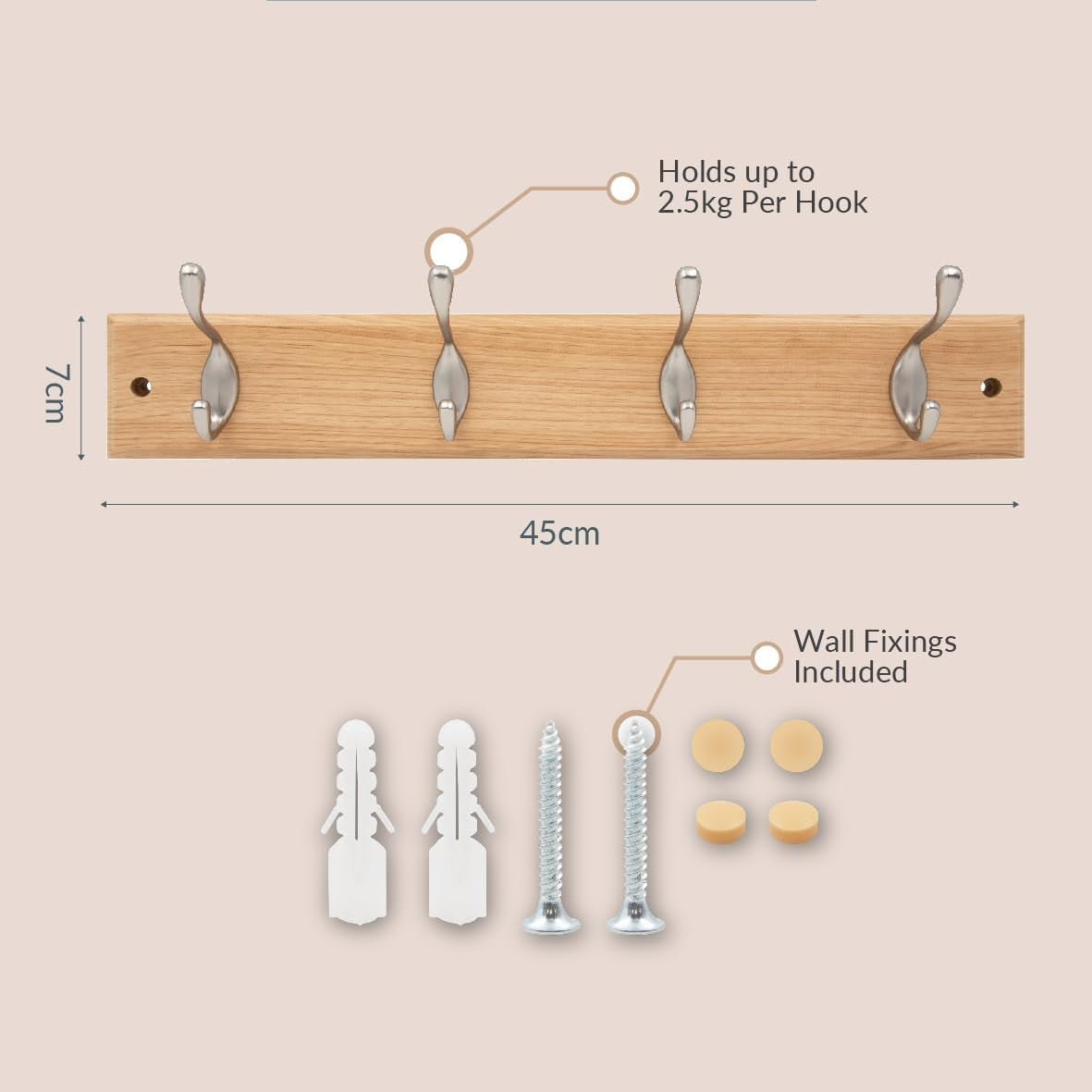 Anika 4 Metal Hooks Wall Mounted Wooden Coat Rack Oak 45cm x 7cm 65909 | Wall Fixings Included | Holds Up to 2.5Kg