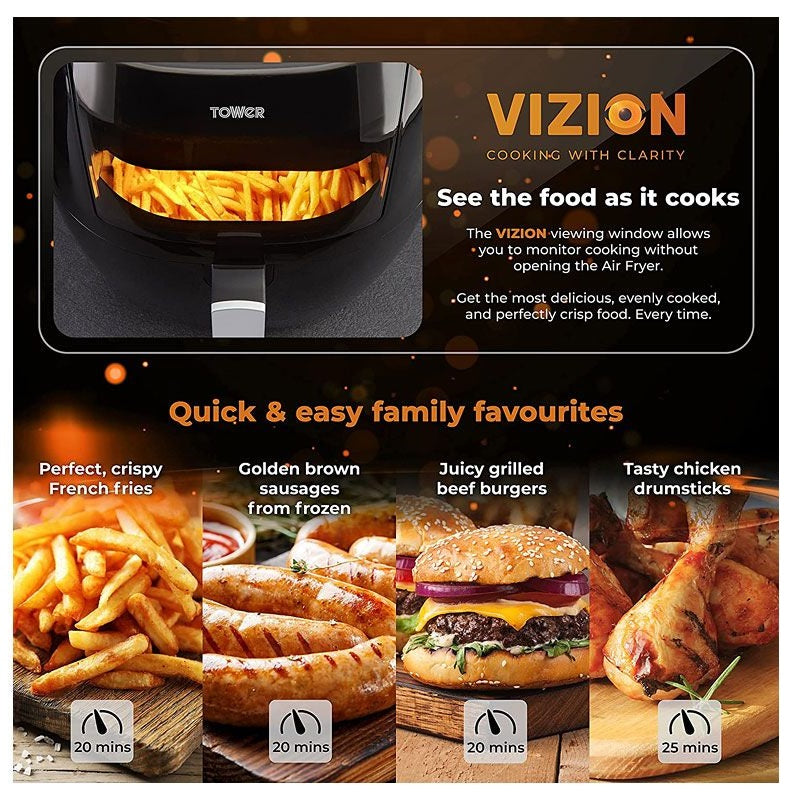 Tower Vortx Vizion Air Fryer 1800W Black 7Ltr T17072 | With Viewing Window-Digital Controls | 4 Cooking Methods | Air Fry-Grilling-Roasting-Baking | 30 Percent Faster Cooking | Non-sleep Feet for Stability | 7 Quick-start Presets