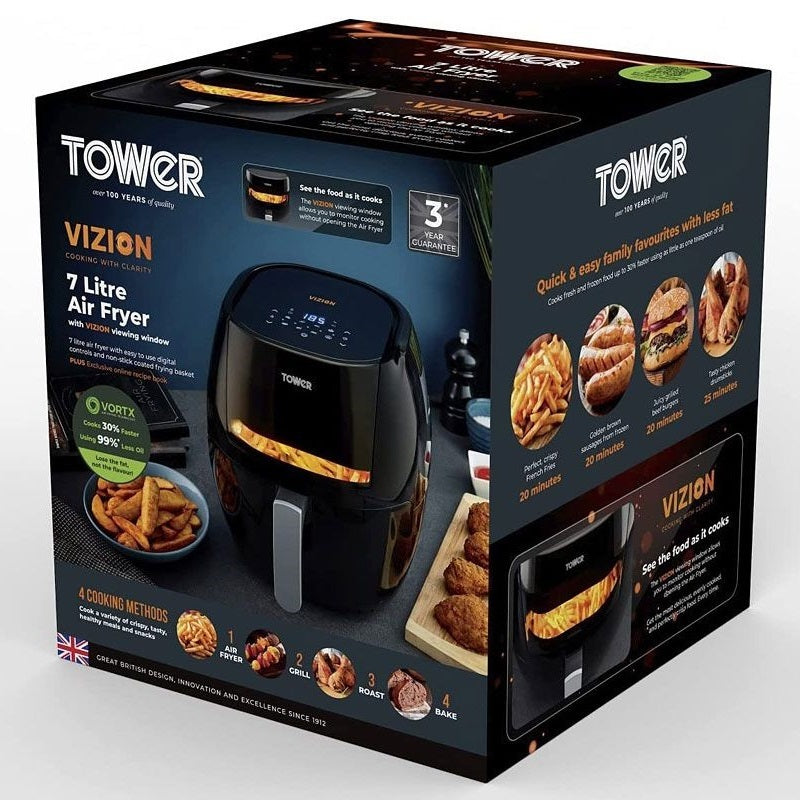 Tower Vortx Vizion Air Fryer 1800W Black 7Ltr T17072 | With Viewing Window-Digital Controls | 4 Cooking Methods | Air Fry-Grilling-Roasting-Baking | 30 Percent Faster Cooking | Non-sleep Feet for Stability | 7 Quick-start Presets