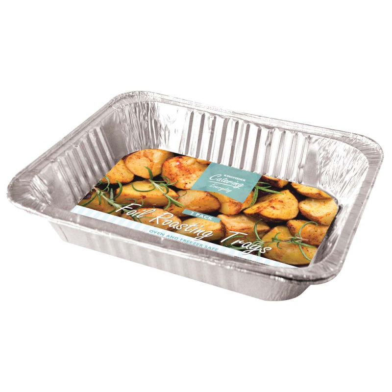 Kingfisher Catering All-purpose Aluminium Foil Roasting Trays Silver 5cm x 26cm x 32.5cm Pack of 2 KCF8 | Oven and Freezer Safe | Disposable Baking Trays