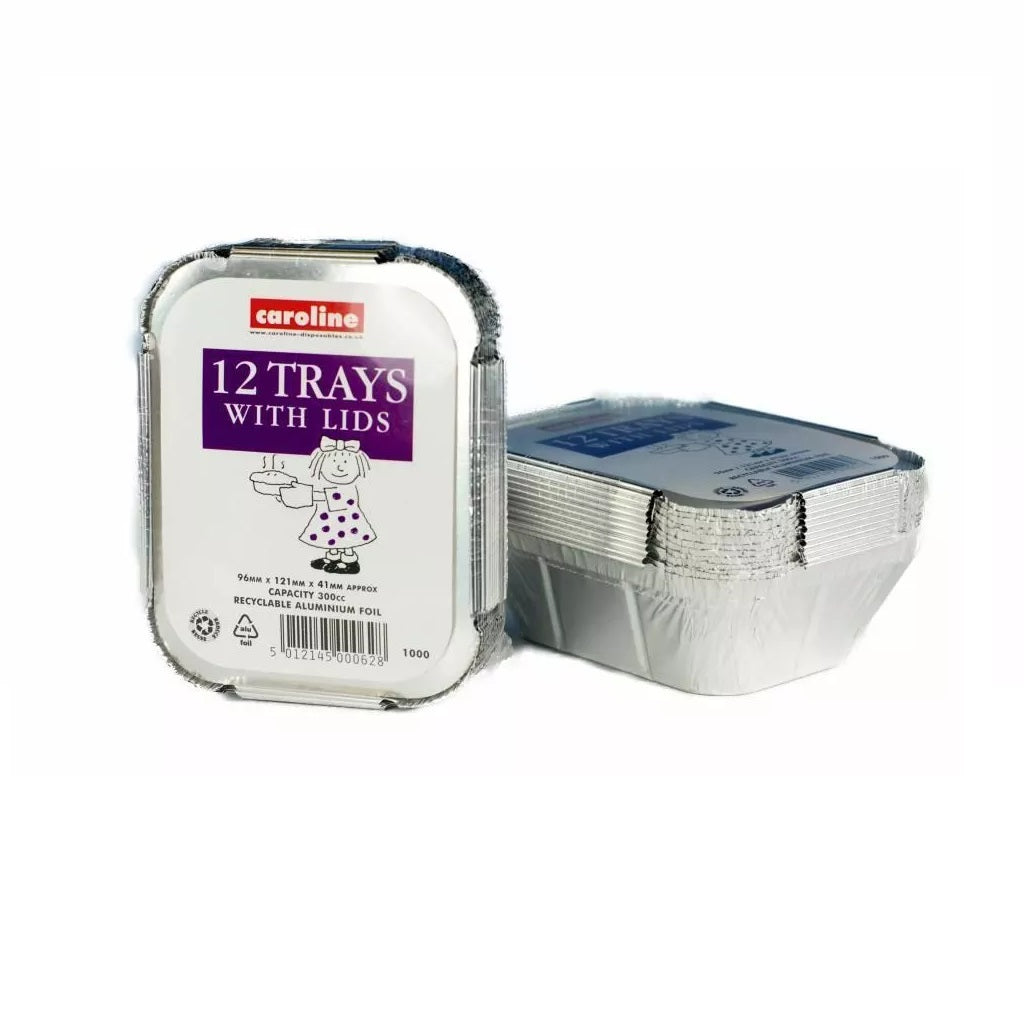 Caroline Aluminium Foil Trays with Lids Silver Pack of 12 1000 | Recyclable | Ideal for Food Storage and Baking