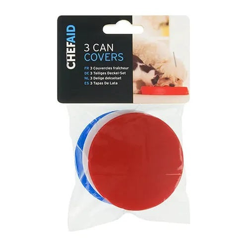Chef Aid Plastic Food Can Covers Assorted Colours 7.5cm x 7.5cm Pack of 3 W863 | Reusable | Airtight Seal | Ideal for Pet Food and Kitchen Storage