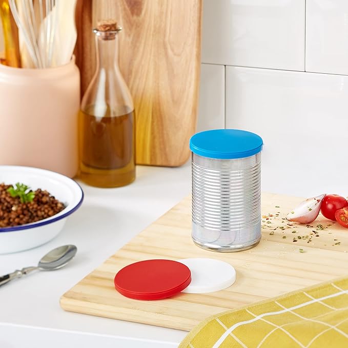 Chef Aid Plastic Food Can Covers Assorted Colours 7.5cm x 7.5cm Pack of 3 W863 | Reusable | Airtight Seal | Ideal for Pet Food and Kitchen Storage