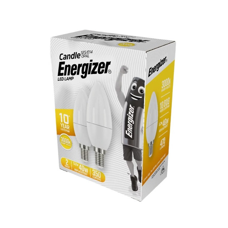 Energizer SES-E14 Opal LED Candle Bulbs 5.2W White Pack of 2 S16706 | 3000K Warm White | 350 Lumens