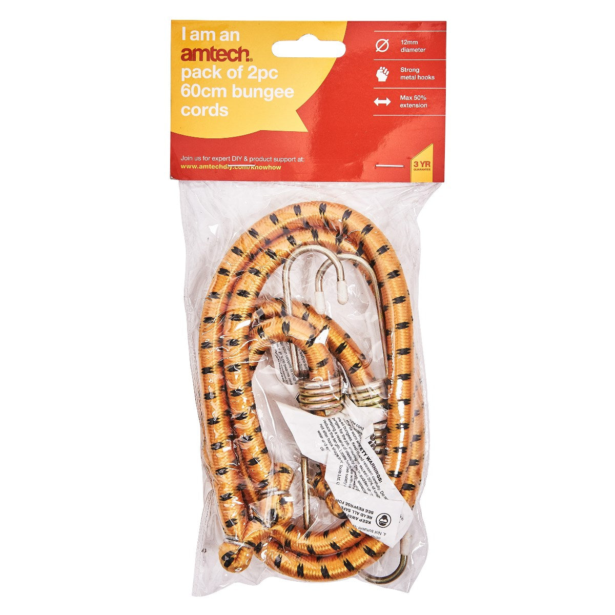 Amtech Heavy Duty Bungee Cords Orange and Black 60cm Pack of 2 S0600 | Elastic Straps with Strong Metal Hooks | Secure Tie-Down for Luggage and Outdoor Use