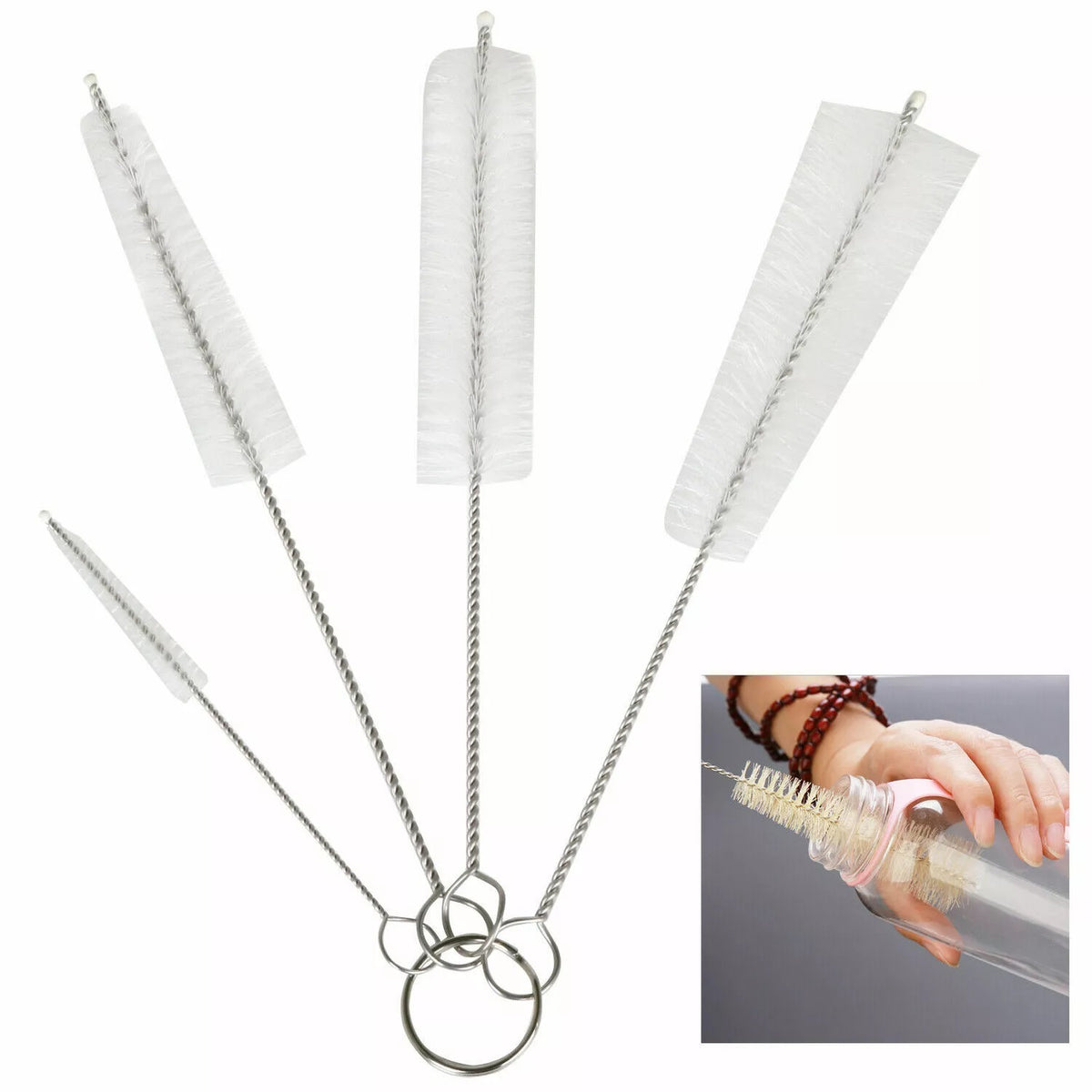 Jvl Multipurpose Spout Cleaning Brush Set White Pack of 4 | Assorted Size | Flexible Wire Handle | Ideal for Straws-Bottles-Tubes and Small Openings