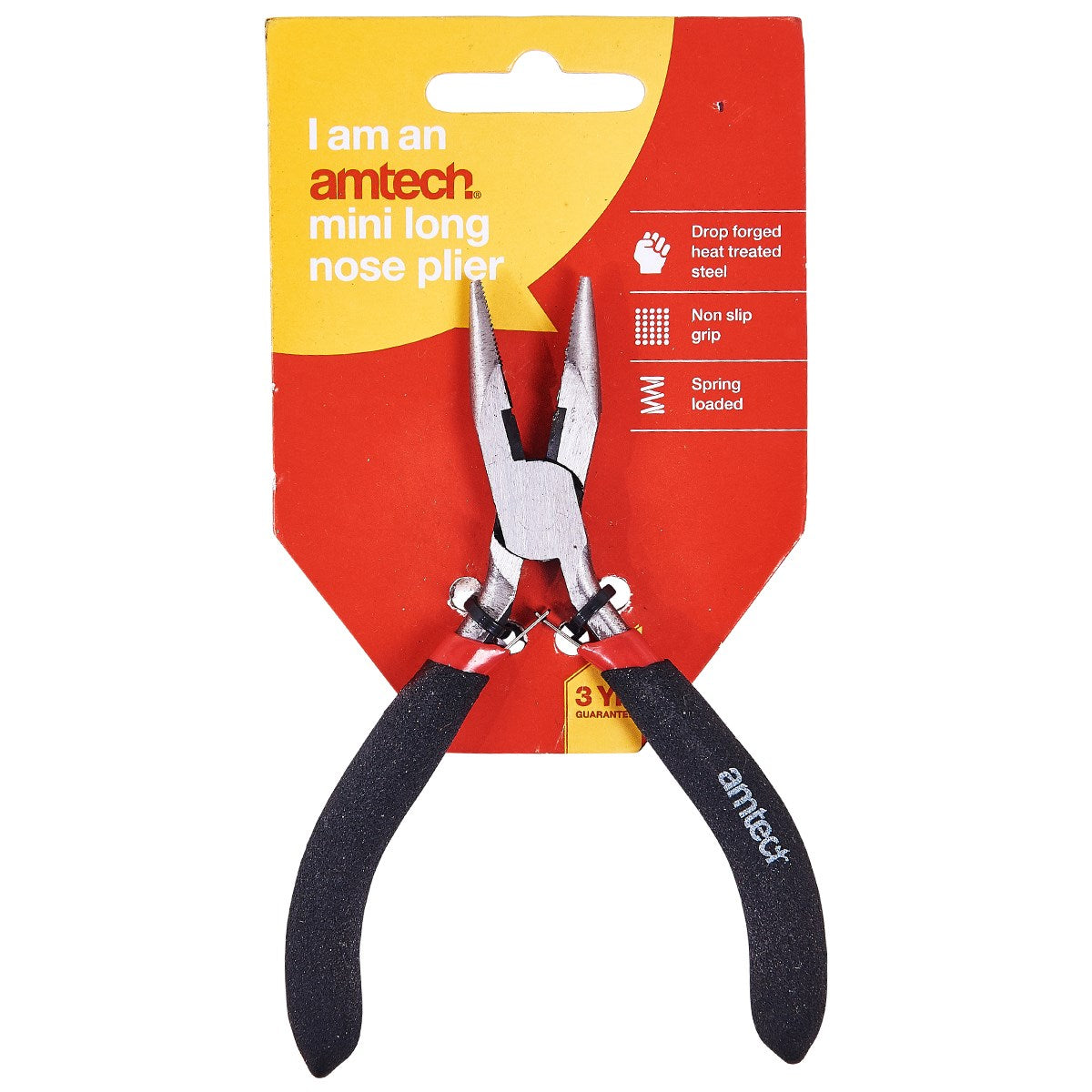 Am-Tech Mini Long Nose Plier Red and Black B3186 |  Drop Forged Heat Treated Steel | Non Slip Grip | Spring Loaded