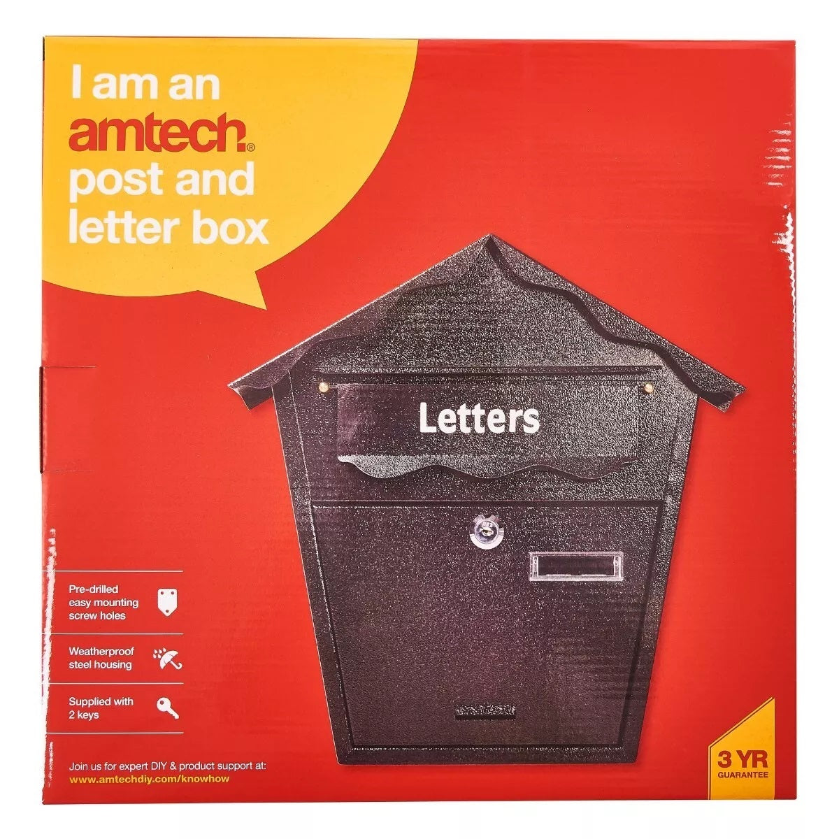 Amtech Wall Mounted Outdoor Post and Letter Box Black 355mm x 100mm x 355mm S5550 | Pre-Drilled Easy Mounting Screw Holes | Weatherproof Steel Housing | Supplied with 2 Keys